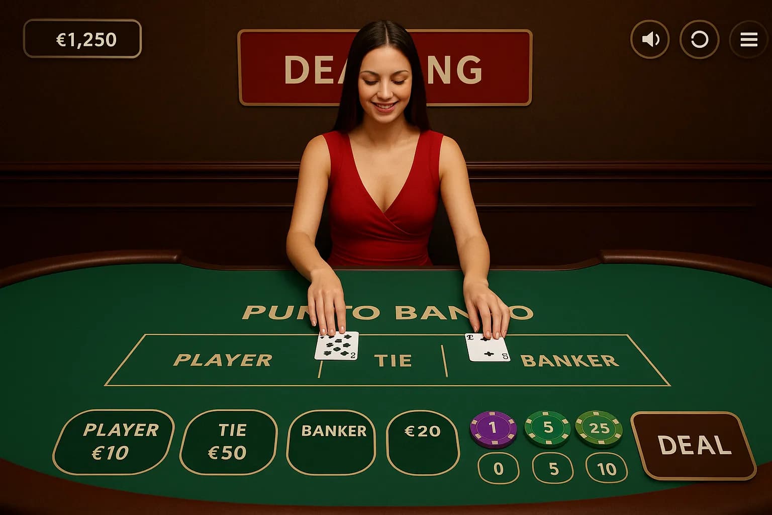 Croupier Evolution Gaming distribuant les cartes au Baccarat Punto Banco