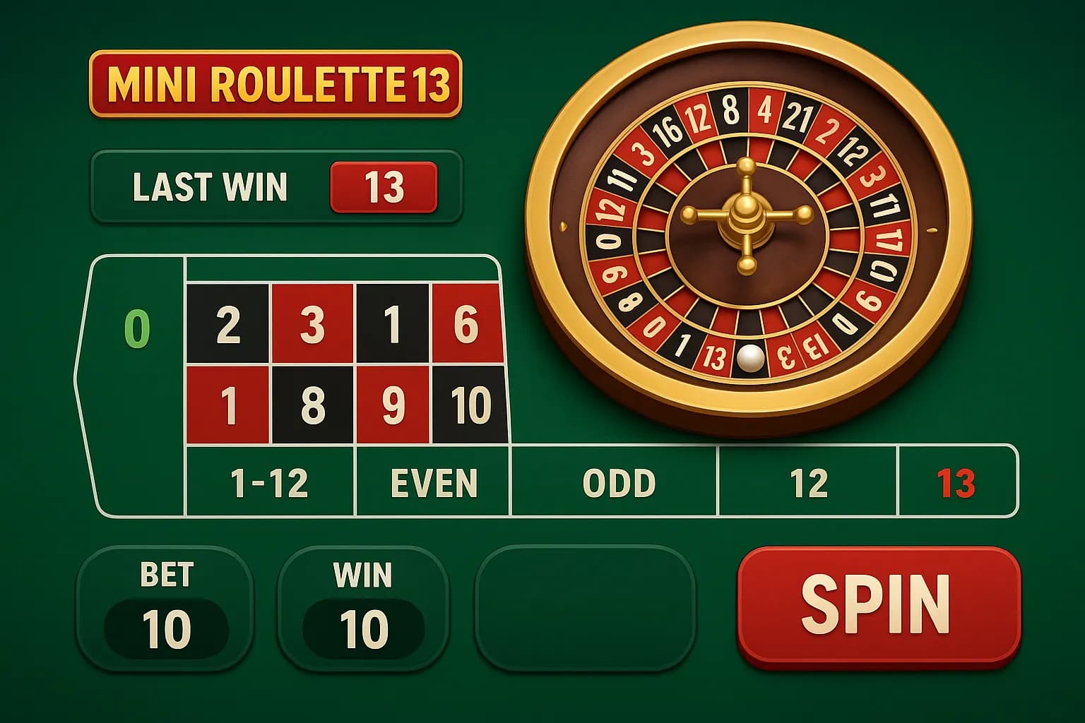 Cylindre Mini Roulette avec 13 numéros 0-12