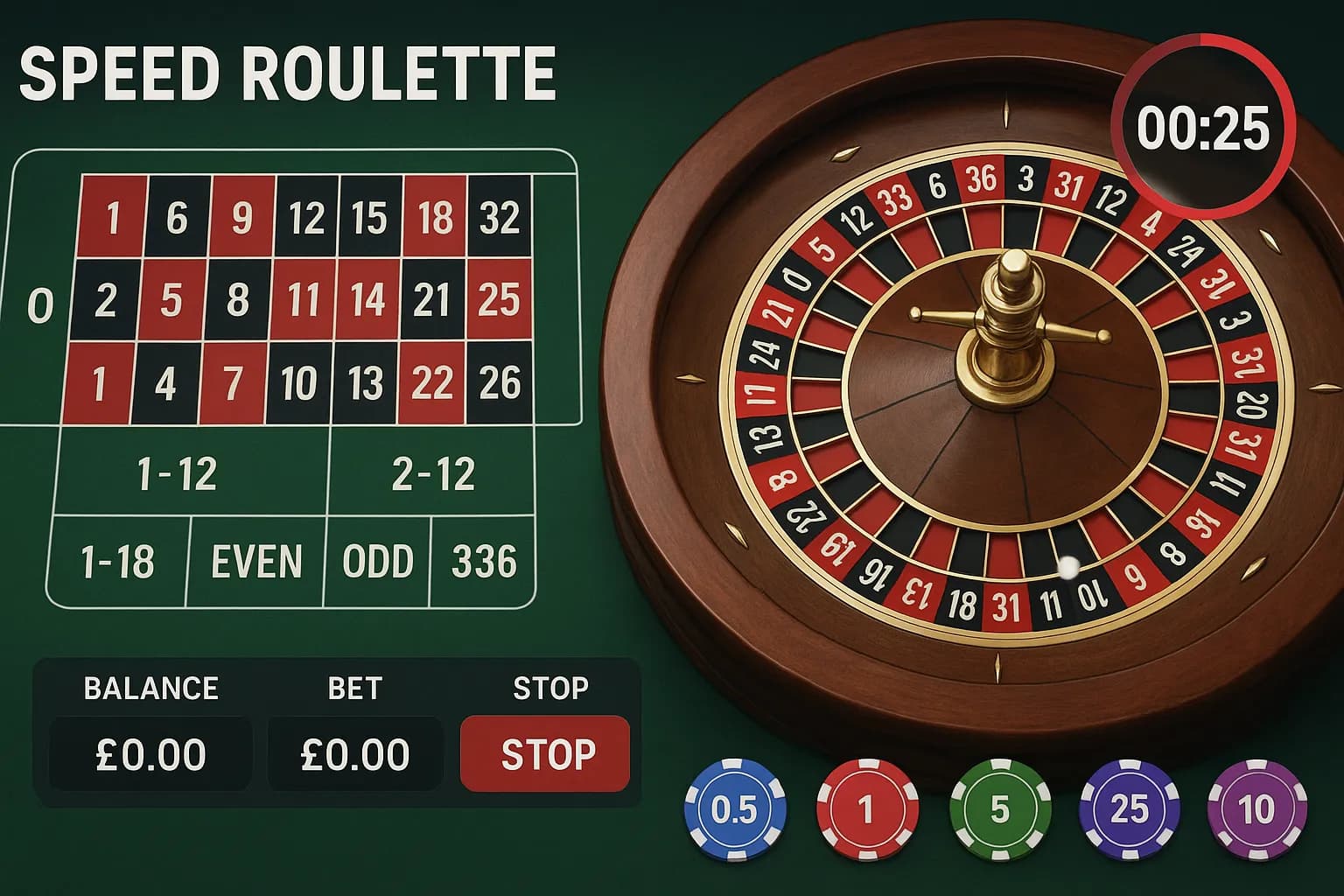 Speed Roulette 25-second countdown timer showing accelerated betting phase